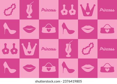 abstract, seamless pattern for girls. crown, bag, beads, shoes. trendy plaid, cute graphic in modern style. for print, paper, web, social networks. vector art illustration. barbie style