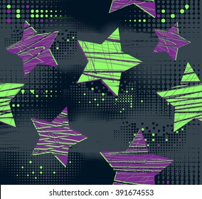 Abstract seamless pattern for girls. Dark funny background with stars and dots. Grunge modern wallpaper for children.