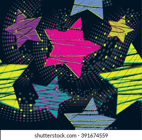 Abstract seamless pattern for girls. Dark funny background with stars and dots. Grunge modern wallpaper for children.