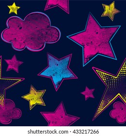 Abstract seamless pattern for girls. Dark blue background with stars and clouds in pink, yellow and blue colors. Funny creative childish wallpaper.