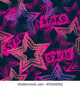 Abstract seamless pattern for girls. Dark grunge background with pink stars. Funny creative childish wallpaper for clothes, textile and other. Modern fashion design. Repeated  chaotic backdrop