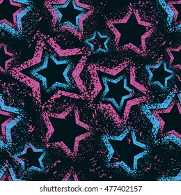 Abstract seamless pattern for girls. Dark funny background with stars and dots. Shape Grunge modern wallpaper for children in pink and blue colors. Fashion colorful modern repeated backdrop.