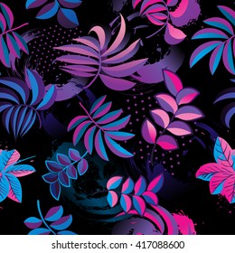 Abstract seamless pattern for girls, dress, backpacks, fashion and sport clothes. Leaf  wallpaper with silhouette and dots. Dark background with creative modern design. Blue and pink colors