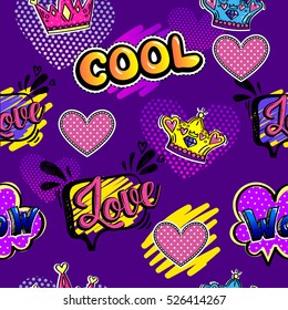 Abstract seamless pattern for girls, fashion clothes, wallpaper. funny childish,girlish repeated backdrop with dots hearts,comics cloud,speech buble, love,cool,crown, sketch drawn. fancy background 