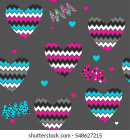 abstract seamless pattern for girls fashion clothes, textile, wrapping paper ,wallpaper. zigzag lines ornament hearts in tender colors on  grey background. girlish romantic repeated backdrop