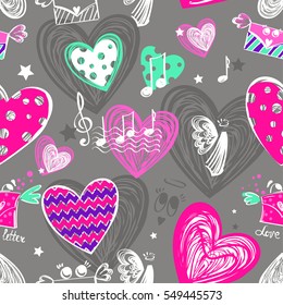 Abstract seamless pattern for girls, fashion, textile, clothes. Cute girlish repeated backdrop. Hearts background. Valentines day. Tender wallpaper with notes, angels silhouette, fly letters
