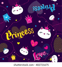 Abstract seamless pattern for girls with funny hearts, love, princess, cats, crown. Creative wallpaper for children, textile, fabric. Childish funny dark purple background. Pattern for princess.