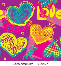 Abstract seamless pattern for girls. Funny creative design. Hearts and dots purple background. Colorful bright wallpaper for children. Girlish Repeated backdrop in purple, pink. blue and yellow colors