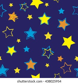 Abstract seamless pattern for girls. Funny wallpaper for children. Night stars sky. Stars pattern. Repeated background, night sky wallpaper. Funny creative design. Chaotic pattern for children clothes