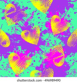 Abstract seamless pattern for girls. Funny creative design. Hearts and dots grunge urban background. Chaotic Colorful bright wallpaper for children. Girlish Repeated backdrop in neon colors 