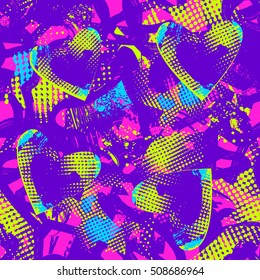 Abstract seamless pattern for girls. Funny creative design. Valentines day. Chaotic Hearts and dots grunge urban bright wallpaper for children. Girlish Love Repeated backdrop on purple background
