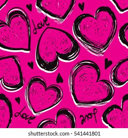 Abstract seamless pattern for girls. Funny creative design. Valentines day. Chaotic Hearts grunge urban wallpaper for fashion, textile, girls, children paper. Girlish Love Repeated backdrop. 