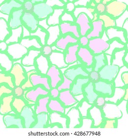 Abstract seamless pattern for girls in gentle tones .pink ,green, yellow, large flowers . Large flowers painted with a brush .The original style . Creative design. Pastel colors. Beautiful wallpaper .