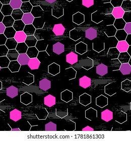 Abstract seamless pattern for girls with geometric elements and grunge texture on black background.