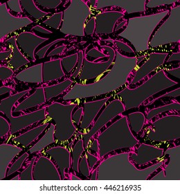 Abstract seamless pattern for girls. Grunge urban modern background in dark grey, pink and yellow colors. Creative graffiti wallpaper with wave lines. Shapes chaotic repeated backdrop, Girlish design