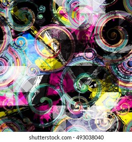 Abstract seamless pattern for girls. Grunge urban modern background black, blue, pink and yellow colors. Creative fashion wallpaper with wave lines. Shapes chaotic repeated backdrop