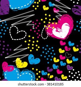 Abstract seamless pattern for girls. Hearts background with colorful dots.