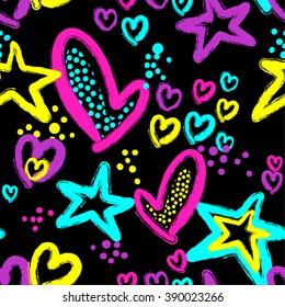 Abstract seamless pattern for girls. Hearts and stars background with colorful dots.