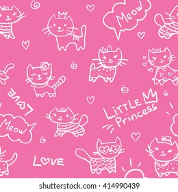 Abstract seamless pattern for girls. Light pink background with cats, crown, hearts, love for princess. Creative modern design for clothes, fabric, fashion. 