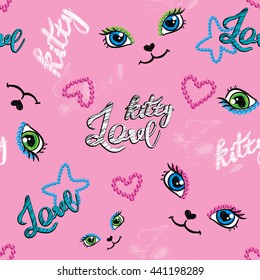 Abstract seamless pattern for girls. Love kitty pattern. Hearts background. Girlish pattern with hearts, stars, eyes, cats face and sequins.Pink tender background. Funny girlish wallpaper for clothes