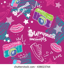 Abstract seamless pattern for girls. Modern background. Girlish pattern. Seamless background. Wallpaper for girls. Repeated pattern with camera, lips, shoes. Summer backdrop. Chaotic pink background.