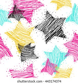 Abstract seamless pattern for girls. Neon pattern. Stars background in neon colors. White background with bright colorful stars. repeated stars pattern. Fashion girlish wallpaper for clothes.