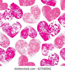 Abstract seamless pattern for girls on white background with pink shabby hearts. Repeated chaotic wallpaper