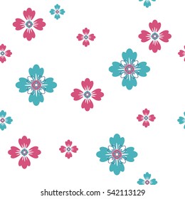 Abstract  seamless pattern for girls, paper, wallpaper, textile. White background with pink and blue decorative flowers colors. Floral repeated backdrop. Girlish fashion design