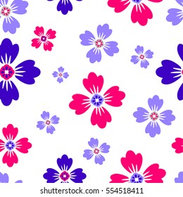 Abstract seamless pattern for girls, paper, wallpaper, textile. White background with pink and blue decorative flowers colors. Floral repeated backdrop. Girlish fashion design