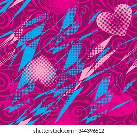 Abstract seamless pattern for girls.  pink background with hearts on . Wallpaper vector with original ornaments.