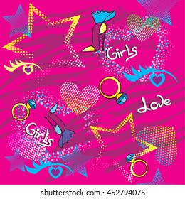 Abstract seamless pattern for girls. Pink background with eyes, love hearts, star, tiger stripes, lines, rings,dots with gradient color, women fashion elements.Creative Modern fashion design wallpaper