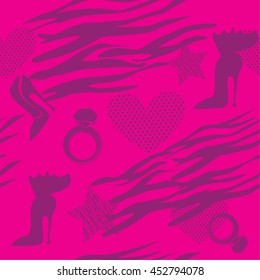 Abstract seamless pattern for girls. Pink background with silhouette stars, hearts, shoes, tiger stripes, lines, rings, women fashion elements. Funny creative Modern fashion design wallpaper