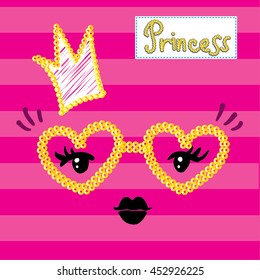 Patrón abstracto y sin fisuras para las niñas con líneas de fondo rosadas. Cara de chica con vasos de lentes de oro, labios negros, ojos, corona de dibujo. T pantalones Diseño Princesa para niñas fondo magenta