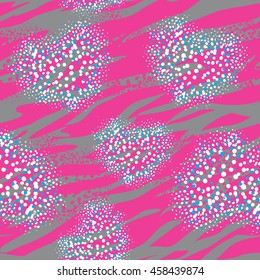 Abstract seamless pattern for girls. Pink background with dots hearts, tiger stripes, lines.  Girlish fashion wallpaper. Creative Modern romantic wallpaper