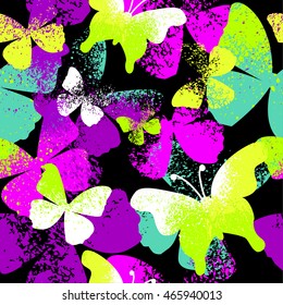 Abstract seamless pattern for girls with pink butterfly. Fashion illustration in modern style. Girlish print with colorful butterfly