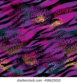 Abstract seamless pattern for girls. Purple and black tiger stripes background with gradient bright colorful hearts.  Girlish fashion wallpaper. Creative Modern original wallpaper. 