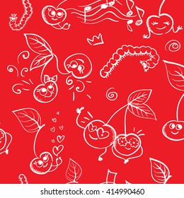 Abstract seamless pattern for girls. Red background with line drawing cherry. Creative modern design for clothes, fabric, fashion. 