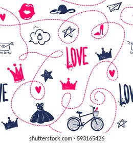 Abstract seamless pattern for girls with sketch hand drawn fashion elements crowb