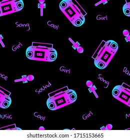 Abstract Seamless Pattern For Girls With Tape Recorder, Microphone And Text On Black Background.