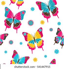 Abstract seamless pattern for girls, textile, fashion clothes, paper, wrapping. Colorful butterflies backdrop. Repeated backdrop with butterfly, dots, flowers. Creative childish design