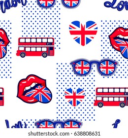 Abstract seamless pattern for girls, textile,  clothes,  wrapping paper. London repeated backdrop. cute wallpaper with Great Britain flag, red bus,  kids lips,  tongue, heart,  glasses, dots