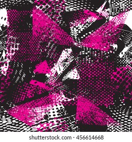 Abstract seamless pattern for girls. Textured wallpaper in pink, black and white colors with geometric shape dots elements. Grunge urban background for fashion, sport clothes.