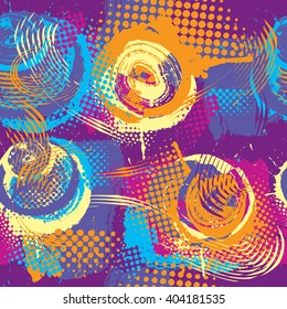 Abstract seamless pattern for girls. Urban grunge background for fabric, textile, backpack and other. Modern wallpaper with dots,brushes,attrition,drips,abstract roses, flower and lines.Bright colors.
