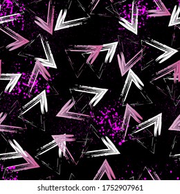 Abstract seamless pattern for girls. White and pink triangle with spray effect on black background.