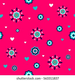 Abstract seamless pattern for girls, wrapping paper, wallpaper, textile. Pink background with white and blue decorative flowers, little hearts. Floral repeated backdrop. Girlish fashion design
