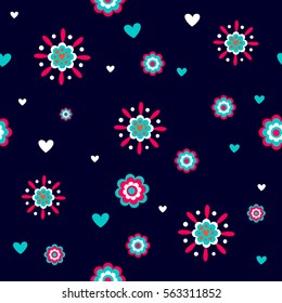 Abstract seamless pattern for girls, wrapping paper, wallpaper, textile. Pink background with white and blue decorative flowers, little hearts. Floral repeated backdrop. Girlish fashion design