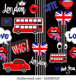 Abstract seamless pattern for girls, wrapping paper, wallpaper, textile, fashion clothes. London repeated background with tongue, crown, hearts, lips, british flag, red car and bus. teenagers backdrop