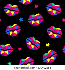 Abstract seamless pattern for girls, wrapping paper, wallpaper, textile, fashion clothes. Black background with neon colorful hearts, stars, geometric lips.Girlish love repeated backdrop