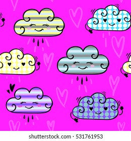 abstract seamless pattern for girls,boys, child, paper, wallpaper, textures.  creative original design with cartoon character clouds.  repeating backdrop  on pink backgroun . bright colors  ornament.