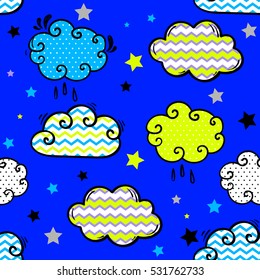 abstract seamless pattern for girls,boys, child, paper, wallpaper, textures.  creative original design with cartoon character clouds.  repeating backdrop  in bright colors  ornament.